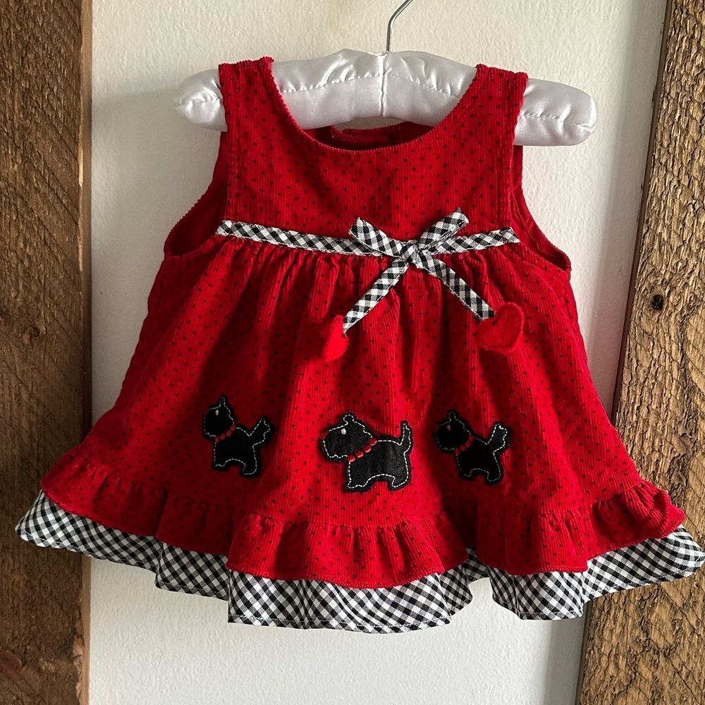 Vintage Baby Girl Valentine Dress Scottish Dog Corduroy Jumper 100% cotton